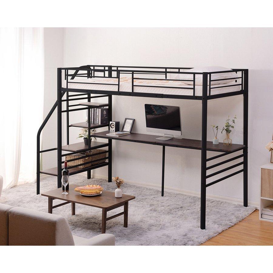 ロフトベッド 階段 シングル パイプベッド コンセント付 デスク付