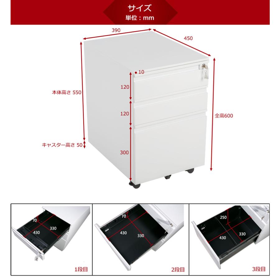 デスクワゴン サイドワゴン ラック 完成品 ダイヤル錠 キャスター付き 脇机 オフィス 収納 サイドワゴン A4対応 袖机 キャスター付き 3段オールロックの画像