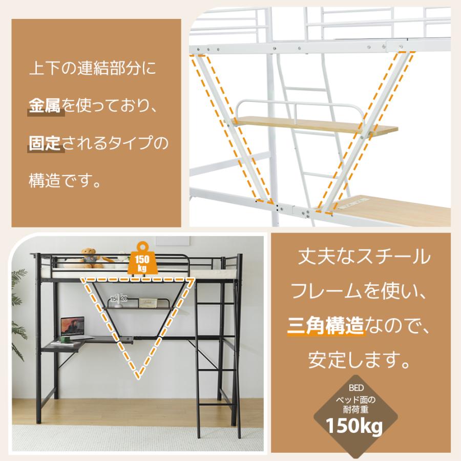 ロフトベッド シングル パイプベッド コンセント付き デスク付き 収納