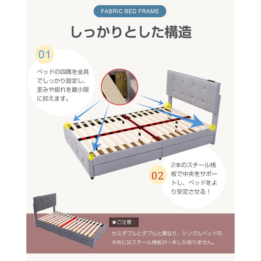 ファブリックベッド ベッドフレームのみ セミダブル 引き出し付き シングルベッド 布貼りベッド 木製 アイアン 大人用 組立簡単 下収納 すのこベッド 耐震｜osjeasylife｜13