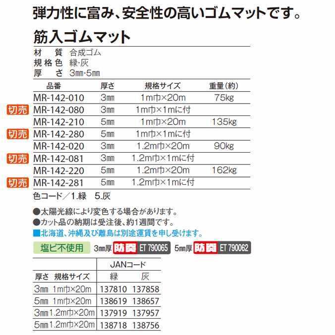 すべり止め 筋入ゴムマット 厚さ3mm 1m巾×1mに付 切売 テラモト MR-142-080 作業場 通路 転倒防止 スリップ防止 | テラモト | 03
