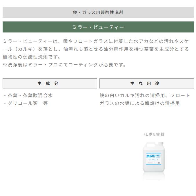 業務用 鏡・ガラス用弱酸性洗剤 ミラー・ビューティー 4L 水アカ スケール（カルキ） 油汚れ 植物性 弱酸性洗剤 タクラス |  | 01