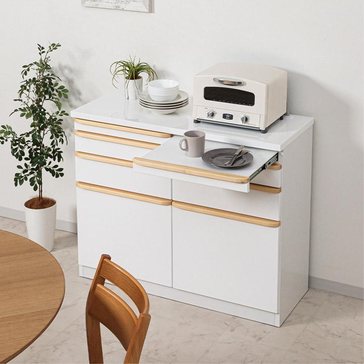 キッチンカウンター 幅105cm 収納 完成品 間仕切り スライドカウンター付 エナメル塗装_15