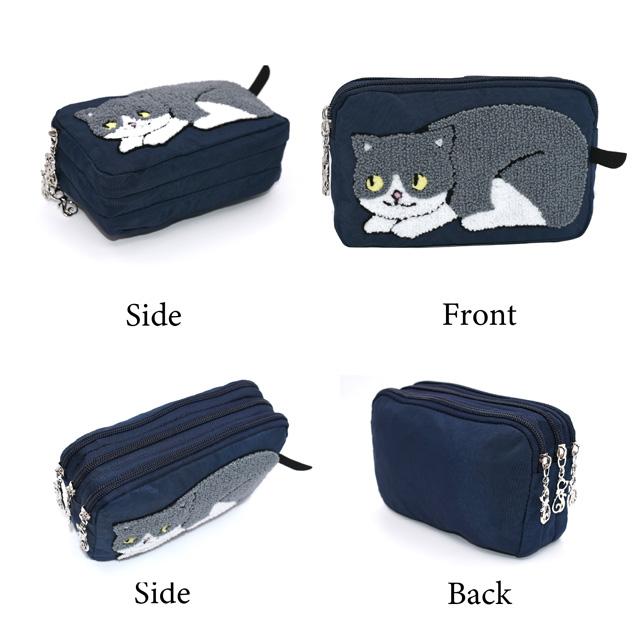 ハンドメイド　猫柄　サイドポケットポーチ　は3 ポーチ 猫 化粧ポーチ 猫柄 仕分けポーチ 3ポケット 小物入れ