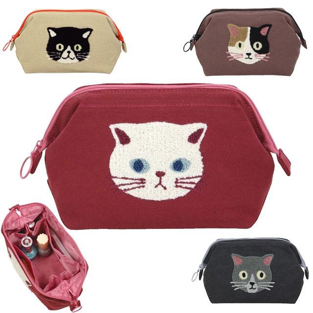 ノアファミリー がま口ポーチ 化粧ポーチ 口金入り ファミネコ 猫フェイス ネコ柄 サガラ刺しゅう 帆布 ベージュ 黒 茶 赤 猫グッズ 猫雑貨 おしゃれ Nf J516 薔薇雑貨のおしゃれ姫 通販 Yahoo ショッピング