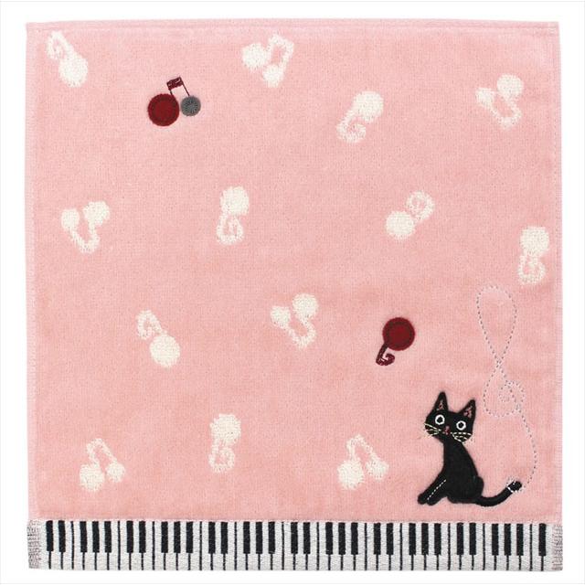 ハンカチ タオル 猫 プレゼント 音符 音譜 ピアノ 黒猫 かわいい