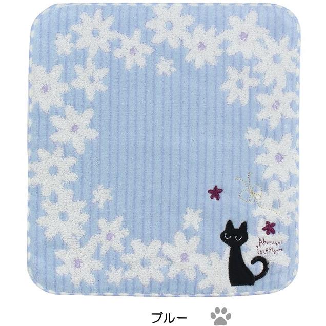 タオルハンカチ 黒猫 花柄 ジャガード織り 刺しゅう ハンドタオル