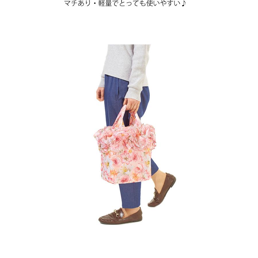 エコバッグ フリル付き バラ柄 花柄 軽量 トートバッグ ショッピング