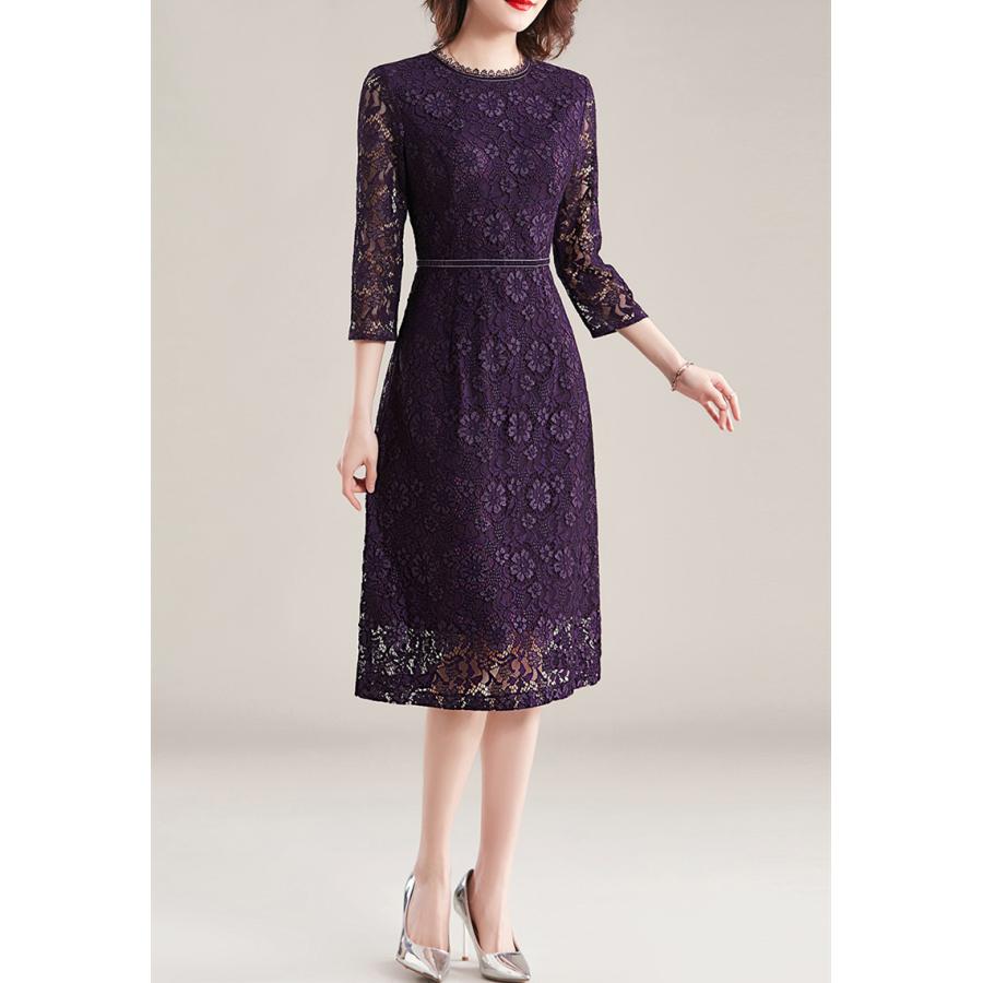 結婚式 ワンピース 袖あり パープル 40代 ミディアム丈 フォーマル