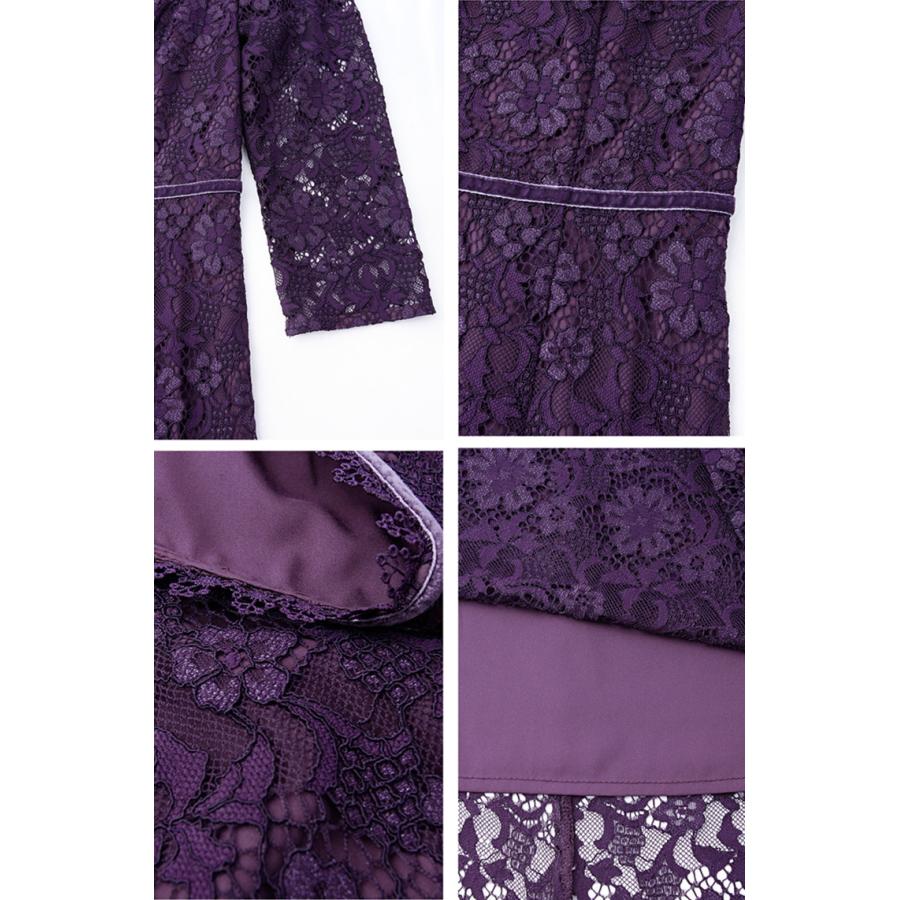 結婚式 ワンピース 袖あり パープル 40代 ミディアム丈 フォーマル