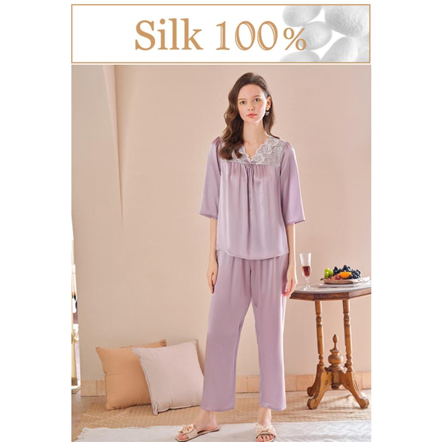 シルク パジャマ レディース 春用 七分袖 かわいい シルクパジャマ 春