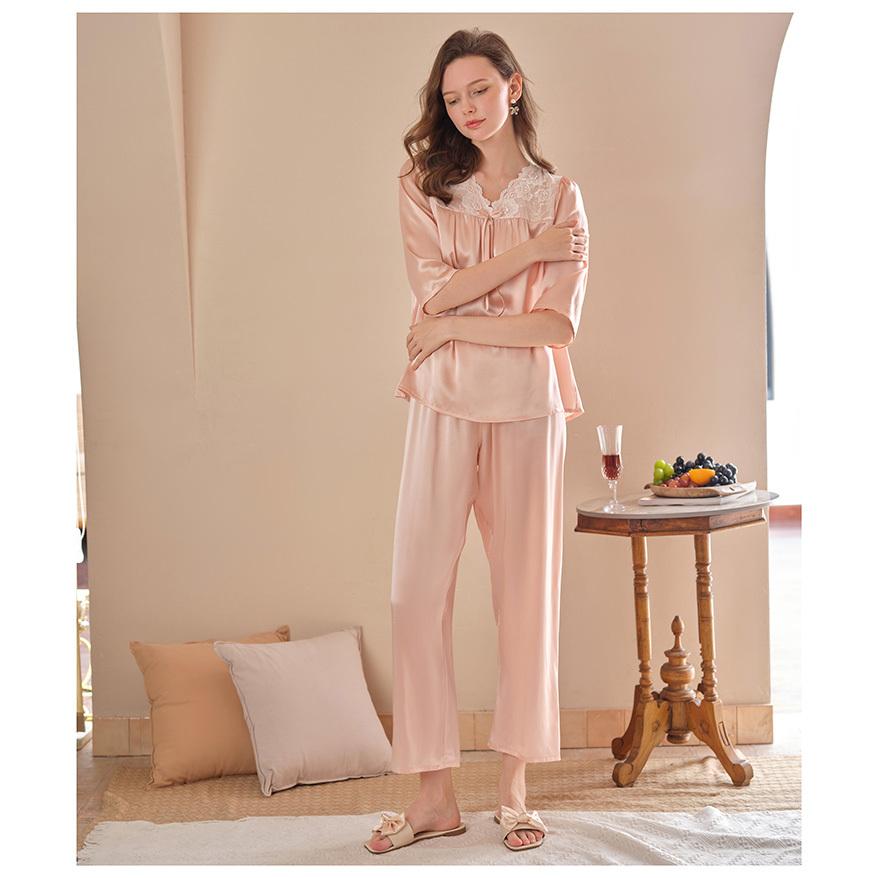 シルク パジャマ レディース 春用 七分袖 かわいい シルクパジャマ 春