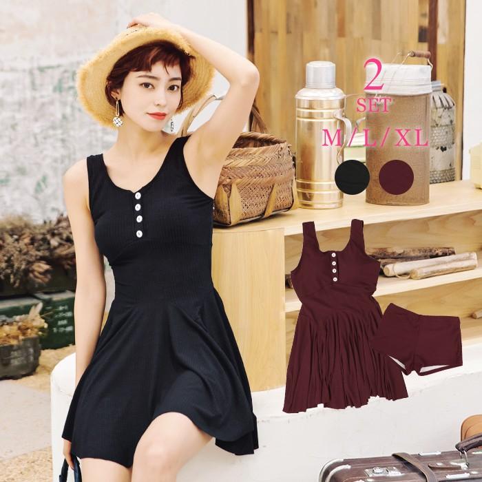 水着 体型カバー タンキニ ワンピース ショートパンツ 無地 リブ セパレート ブラック レッド Bl オシャrevo 通販 Yahoo ショッピング