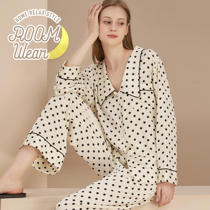 パジャマ レディース 長袖 ルームウェア 春 薄手 上下セット 可愛い ドット柄 前開き ルームウェア Bq オシャrevo 通販 Yahoo ショッピング