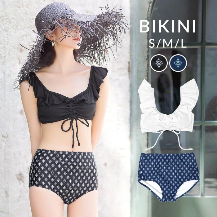 フリルカラー ドロストスイムウェア 水着 レディース水着 ブラック ホワイト 黒 白 フリルビキニ Jzy オシャrevo 通販 Yahoo ショッピング