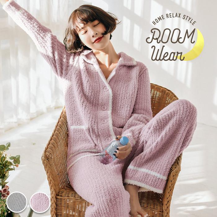 ふわもこ パジャマ レディース 冬 長袖 もこもこ ルームウェア 上下 ニット ピンク グレー 可愛い ふわもこルームウェア 前開き Lfc006 オシャrevo 通販 Yahoo ショッピング