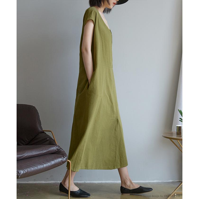 リネン ワンピース レディース 夏 リネンワンピース リネン100 生地 麻 Vネック ロングワンピ ロング丈 無地 シンプル ナチュラル ゆったり Os オシャrevo 通販 Yahoo ショッピング