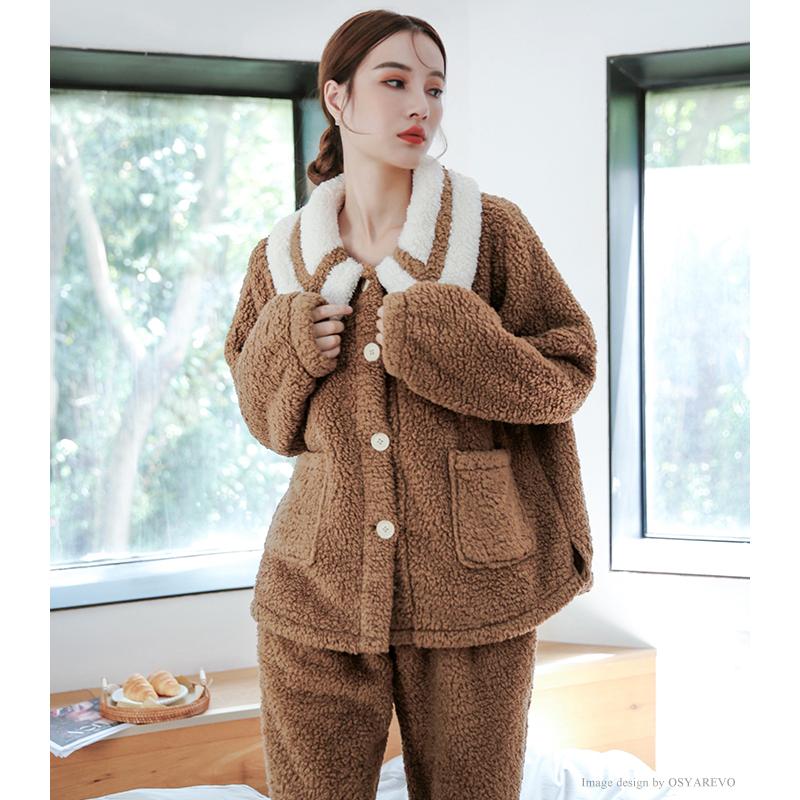 ルームウェア 冬 もこもこ レディース 長袖 カーディガン パジャマ 前開き 上下 セットアップ もこもこ ブラウン ホワイト ニット Os オシャrevo 通販 Yahoo ショッピング