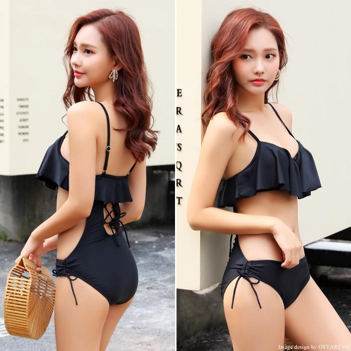 水着 レディース モノキニ ワンピース フリル レースアップワンピース水着 バンドゥ バックシャン 可愛い セクシー ドット 無地 黒 チェック 柄 体型カバー Viki043 オシャrevo 通販 Yahoo ショッピング