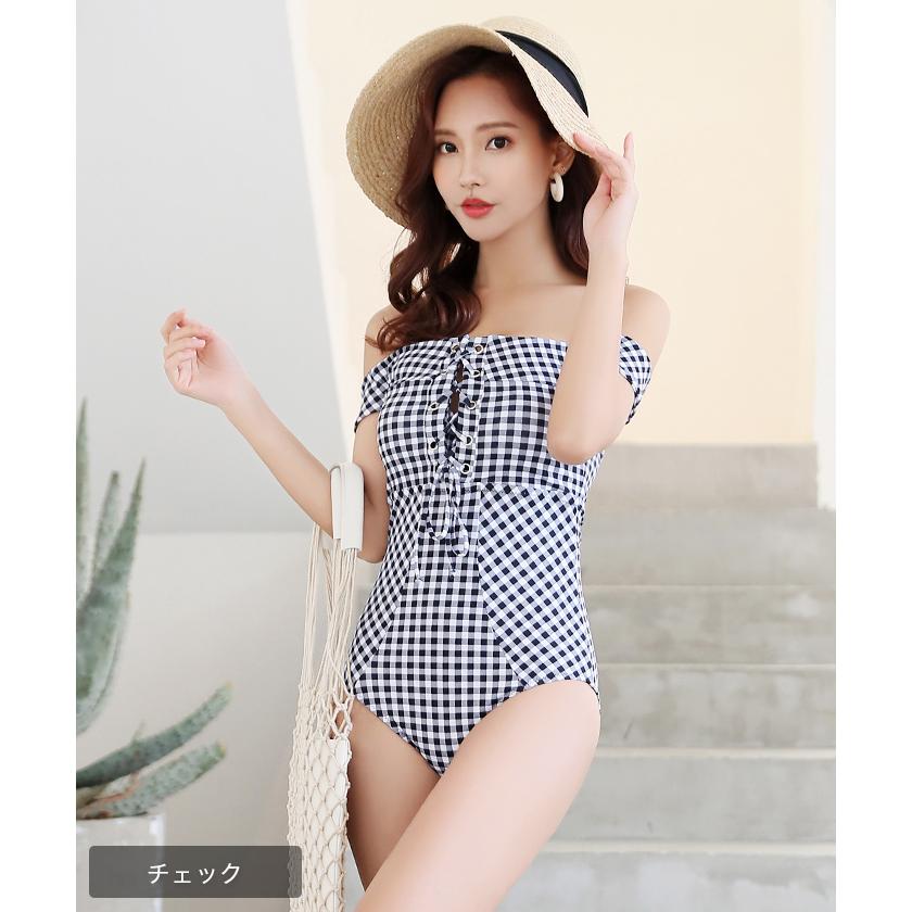 半額 3 22 火 9時59分迄 水着 レディース オフショル ワンピース 体型カバー チェック 柄 ホワイト 白 かわいい水着 Viki055 オシャrevo 通販 Yahoo ショッピング