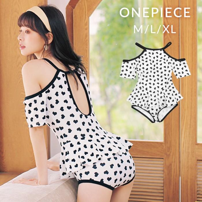 水着 レディース 体型カバー ワンピース ハート柄 ホワイト 白 黒 体型カバー水着 フリル かわいい おしゃれ オトナ女子 大人 女性 Viki005 オシャrevo 通販 Yahoo ショッピング