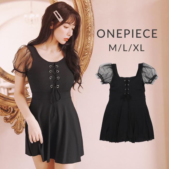 パフスリワンピース水着 体型カバー レディース 水着 レディース水着 Black ブラック ママ水着 ミセス オトナ女子 無地 下半身カバー レースアップ かわいい Viki060 オシャrevo 通販 Yahoo ショッピング