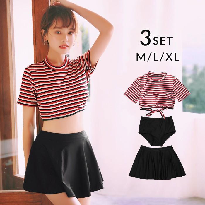 水着 レディース タンキニ 体型カバー ビキニ フレアスカート 3点セット 半袖 スポーティー ブラック 黒 ボーダー 上下別 セパレート オトナ女子 可愛い Mizugi Viki066 オシャrevo 通販 Yahoo ショッピング