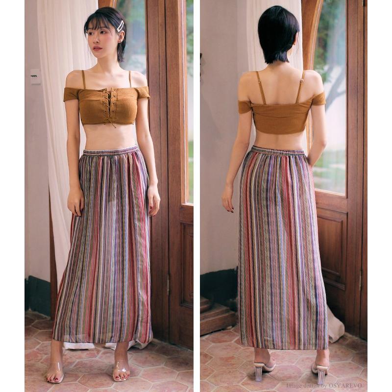 水着 レディース 3点セット 体型カバー ロングスカート オフショル バンドゥ ビキニ レースアップ トレンド水着 マルチ ストライプ 柄 リブ水着 Viki155 オシャrevo 通販 Yahoo ショッピング