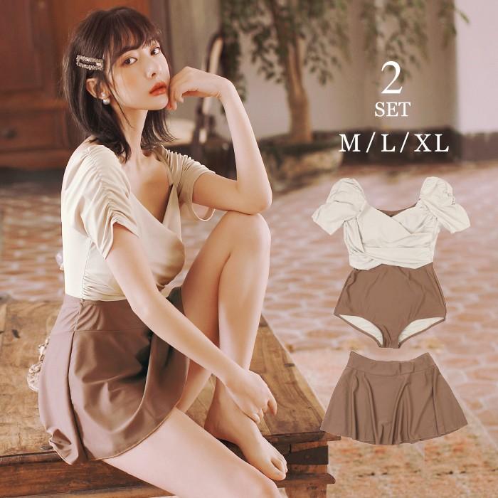 新作モデル 水着 L セパレート 白 パフスリーブ レース 胸元ギャザー フレア 水着 L セパレート 白 パフスリーブ レース 胸元ギャザー フレア