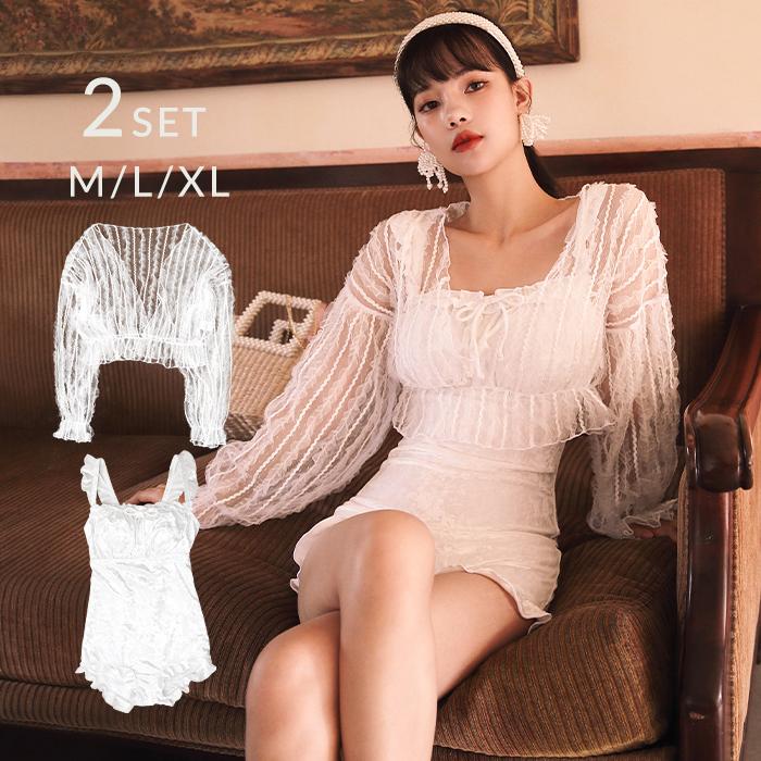 水着 レディース ワンピース 体型カバー 白 ホワイト ワンピース レース シースルー 2点セット ボリューム 袖付き 二の腕カバー カバーアップ Viki オシャrevo 通販 Yahoo ショッピング