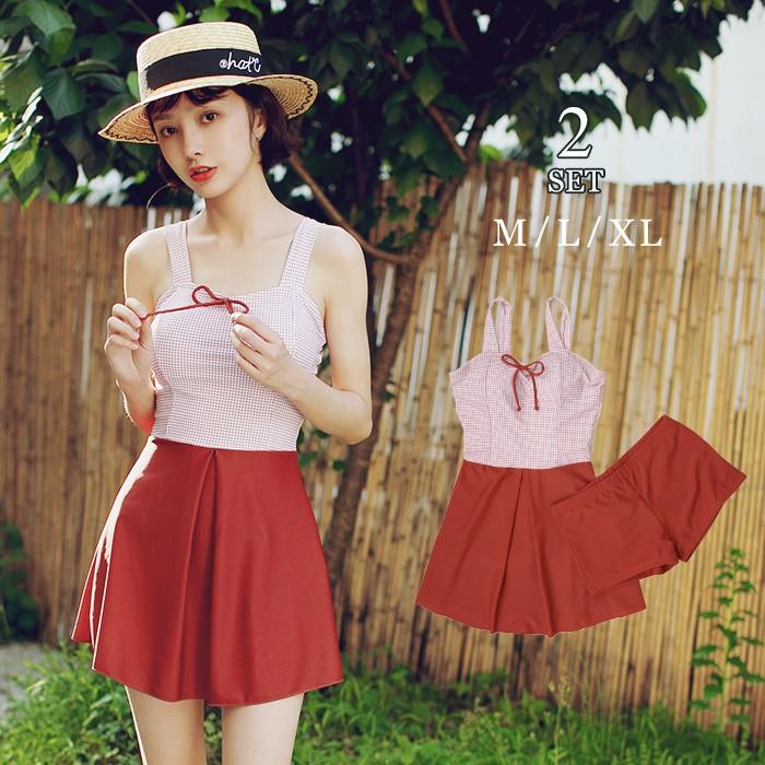 水着 レディース 体型カバー ワンピース ショートパンツ 2点セット セパレート水着 チェック柄 露出控えめ 高校生 代 可愛い水着 上下セット Viki8162 オシャrevo 通販 Yahoo ショッピング