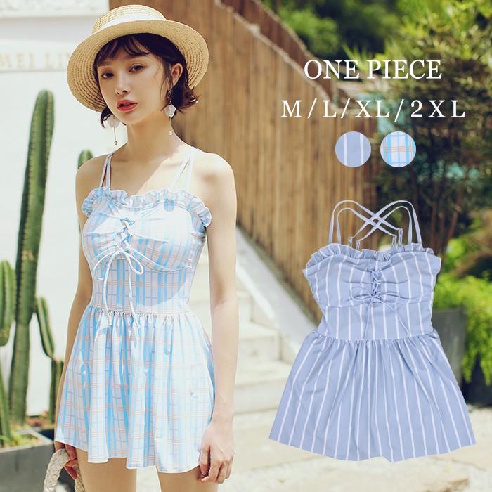 水着 レディース ワンピース 体型カバー 大きいサイズ ストライプ柄 チェック柄 ショートパンツ 一体型水着 代 高校生 可愛い水着 プール 海 Viki8192 オシャrevo 通販 Yahoo ショッピング