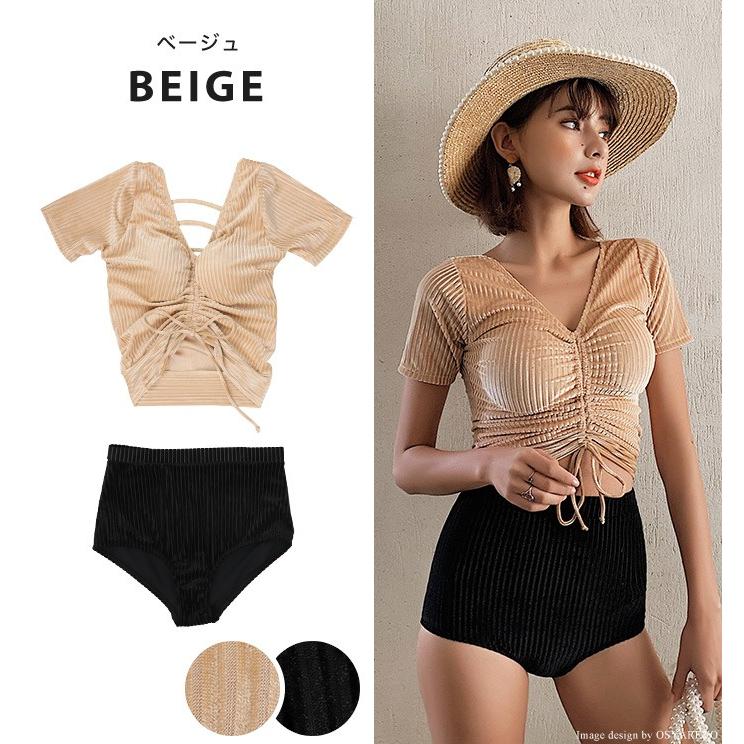 水着 レディース 袖付き ビキニ リブ ベロア水着 体型カバー ベロアブラ ハイウエスト水着 m l xl 上下別 ベージュ ブラウン ピンク
