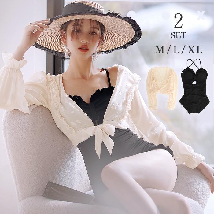 水着 レディース ワンピース 体型カバー 黒 ボレロ セット カバーアップ リブ水着 ブラック ワイヤーなし パッドあり 長袖 二の腕カバー おしゃれ Vikia2210 オシャrevo 通販 Yahoo ショッピング