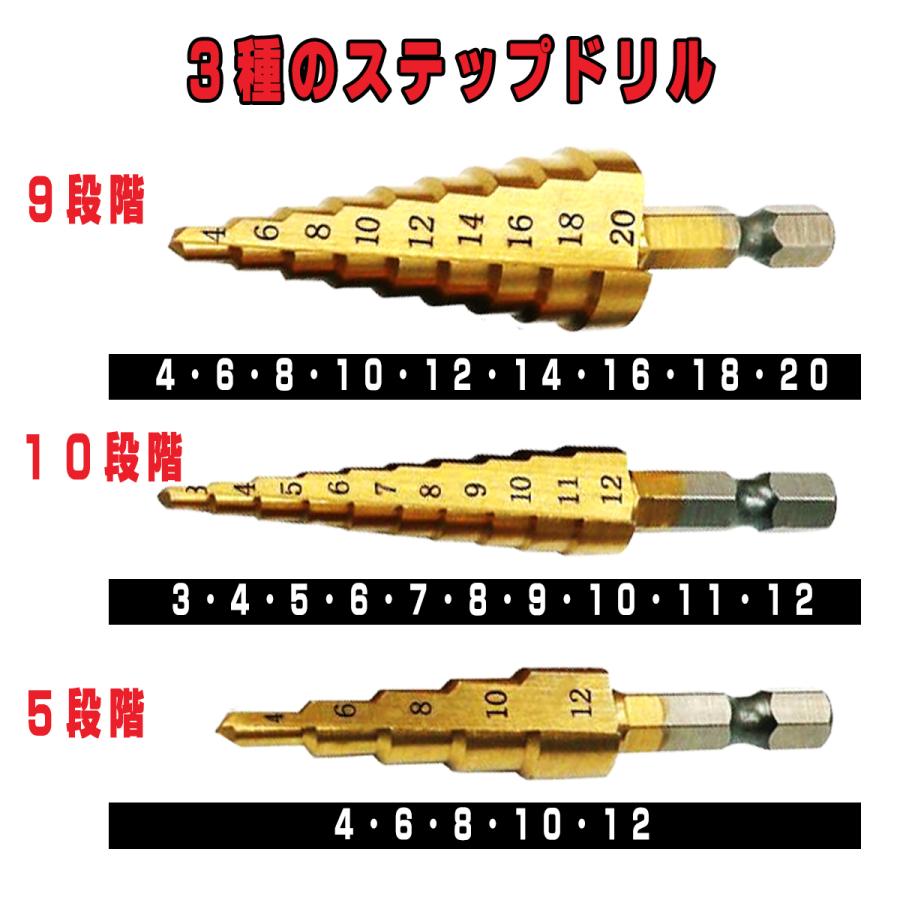 ステップドリル 穴あけ タケノコドリル チタンコーティング 六角軸 3本セット 工具 DIY ドリル 日曜大工 (4-20 4-12 3-12mm) 収納袋付 |  | 04