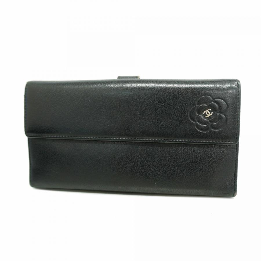4se5623】シャネル 長財布 カメリア ラムスキン ブラック シルバー金具 