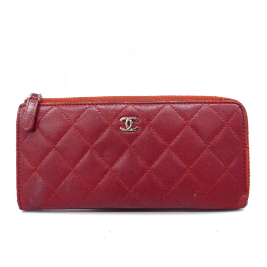4td3339】シャネル 長財布 マトラッセ ラムスキン レッド シルバー金具 