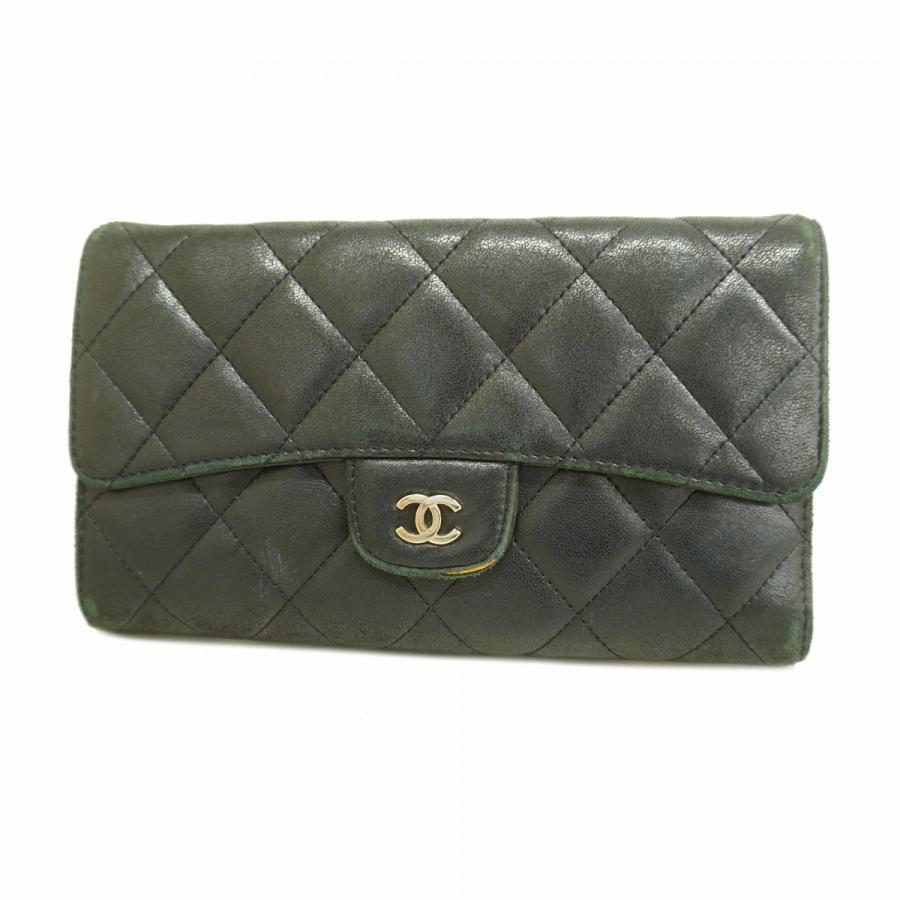 4ua0799】シャネル 三つ折り長財布 マトラッセ ラムスキン ブラック  