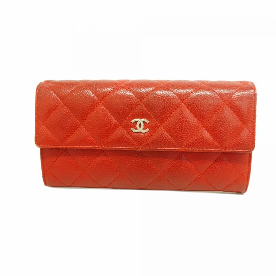 5ab1376】シャネル 長財布 マトラッセ キャビアスキン レッド シルバー 