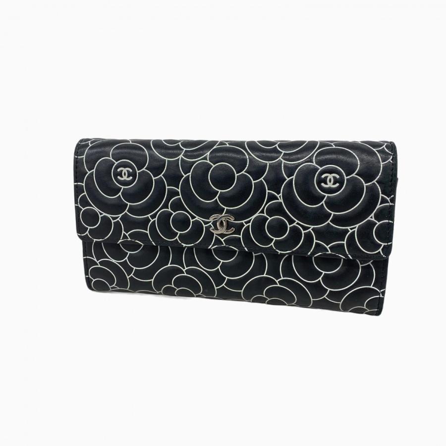 シャネル 長財布 ブラック カメリア ラムスキン