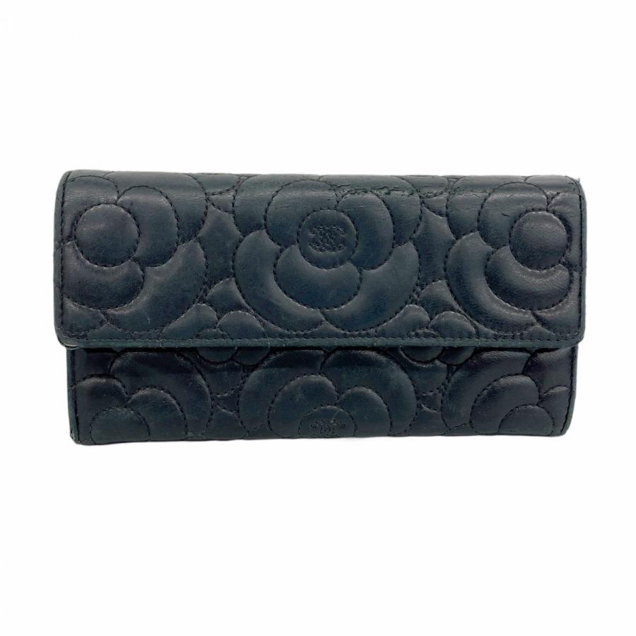 CHANEL カメリア 長財布 ブラック シルバー金具 ラムスキン