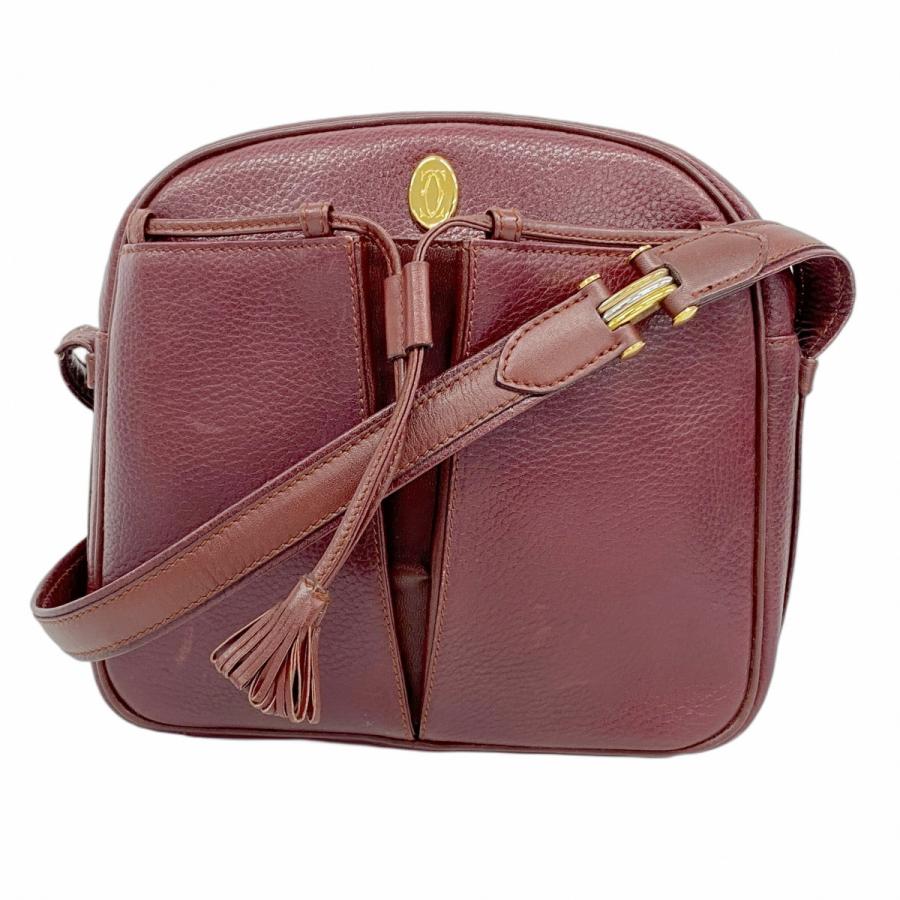 良品】カルティエ ショルダーバッグ レザー ボルドー ゴールド金具