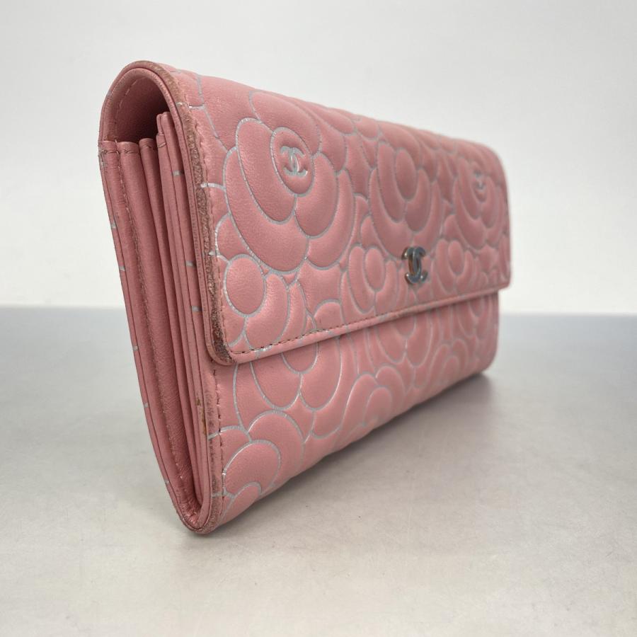 CHANEL 【5ia1185-h】シャネル 長財布 カメリア ラムスキン ピンク 