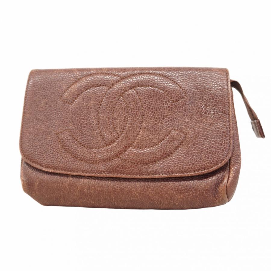 CHANEL 【5id5197】シャネル ポーチ キャビアスキン ブラウン ゴールド  