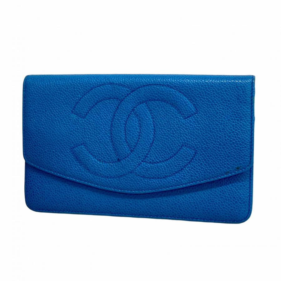 CHANEL 【5ma1004-h】シャネル 長財布 キャビアスキン ブルー ゴールド  