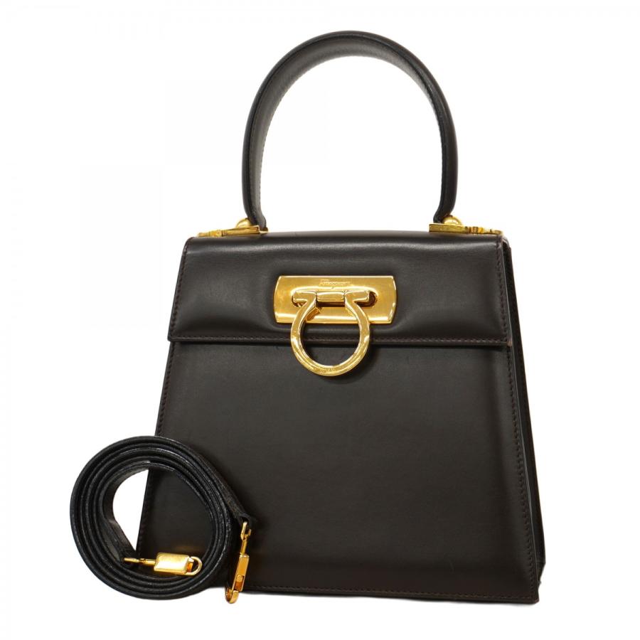 フェラガモ 2way ハンドバッグ レザー ブラウン ゴールド金具