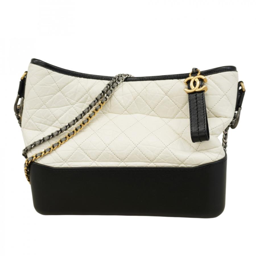 【5pb1850-h】シャネル ショルダーバッグ Wチェーン ガブリエル ドゥ レザー ホワイト ブラック ゴールド/シルバー金具【中古】レディース CHANEL（シャネル） 【5pb1850-h】シャネル ショルダーバッグ W