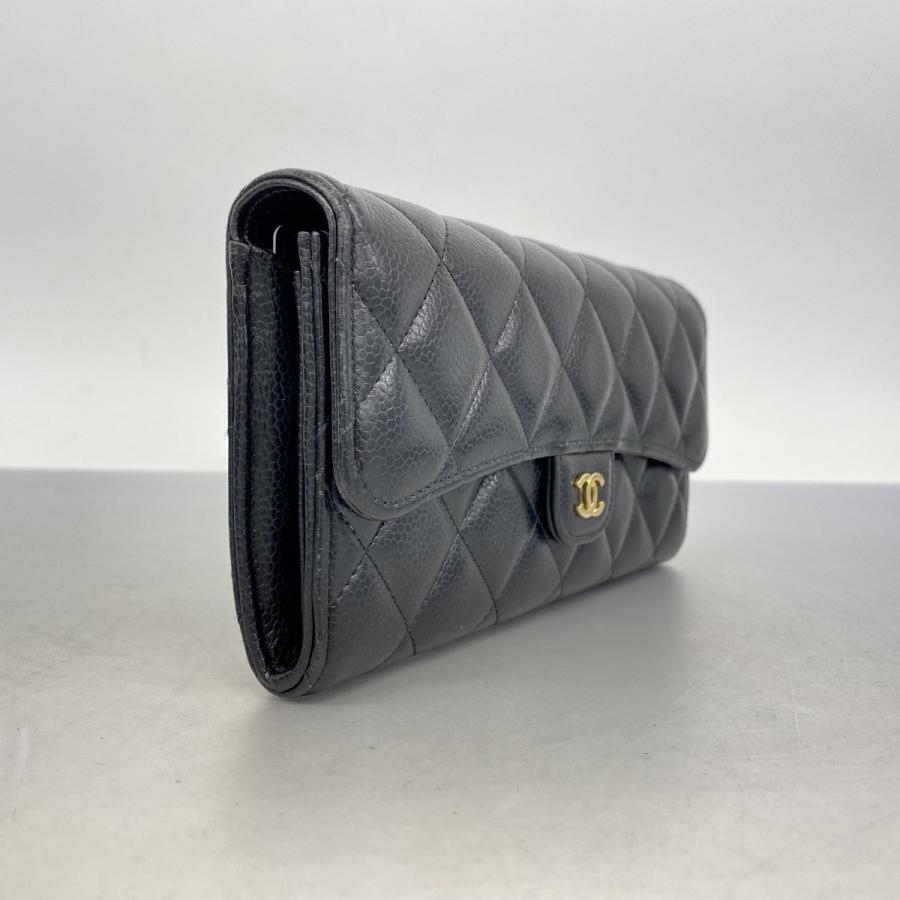 シャネル　マトラッセ　キャビアスキン　二つ折り　ファスナー　長財布　美品3162 CHANEL（シャネル） 黒 キャビアスキン マトラッセ ゴールド金具 2