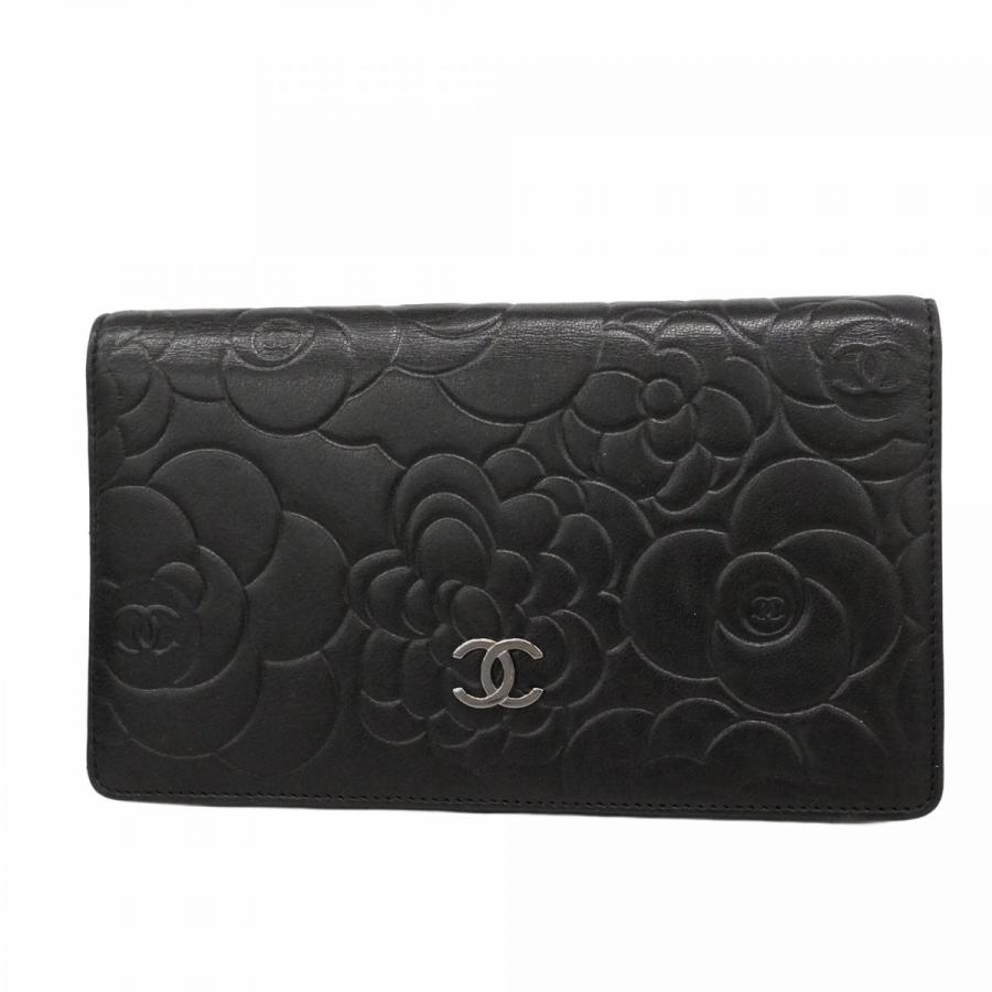 【6db1307-k】シャネル 長財布 カメリア ラムスキン ブラック シルバー金具【中古】レディース CHANEL（シャネル） 【6db1307-k】シャネル 長財布 カメリア