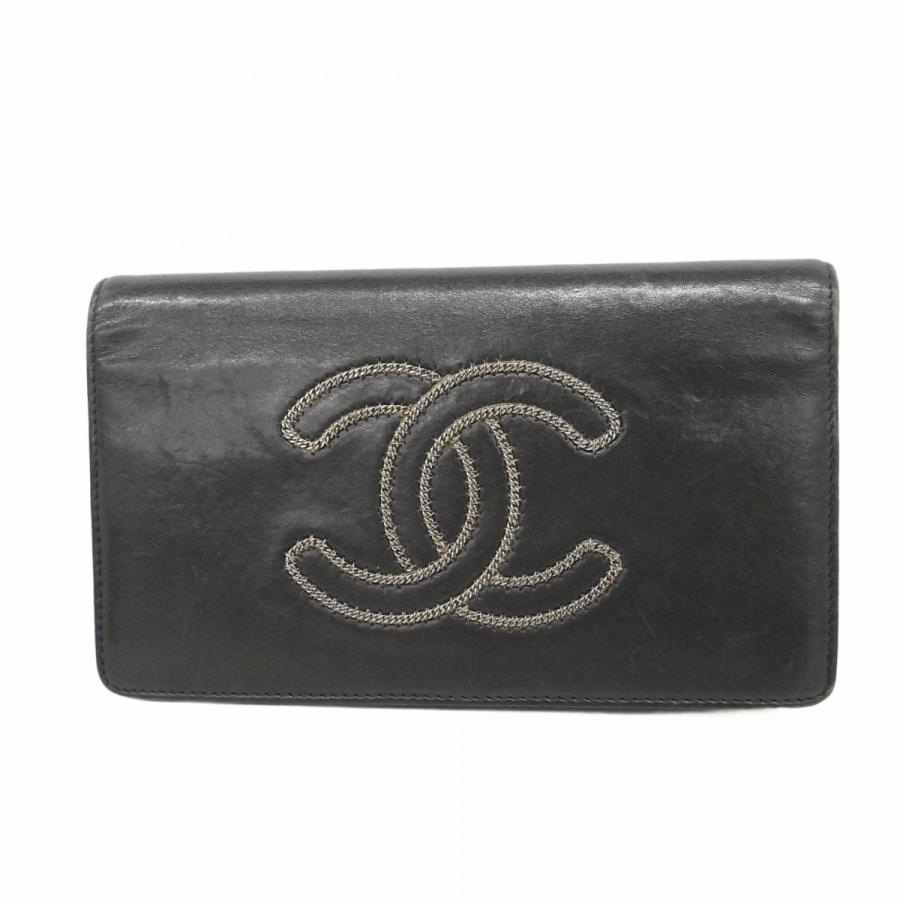 【6dc3586】シャネル 長財布 ラムスキン ブラック シルバー金具【中古】メンズ レディース ユニセックス CHANEL（シャネル） 【6dc3586】シャネル 長財布 ラムスキン ブラック